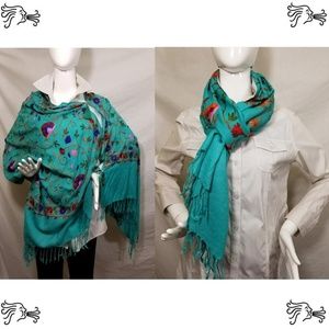 Turquoise Embroidered Kashmir 100% Wool Scarf Wrap